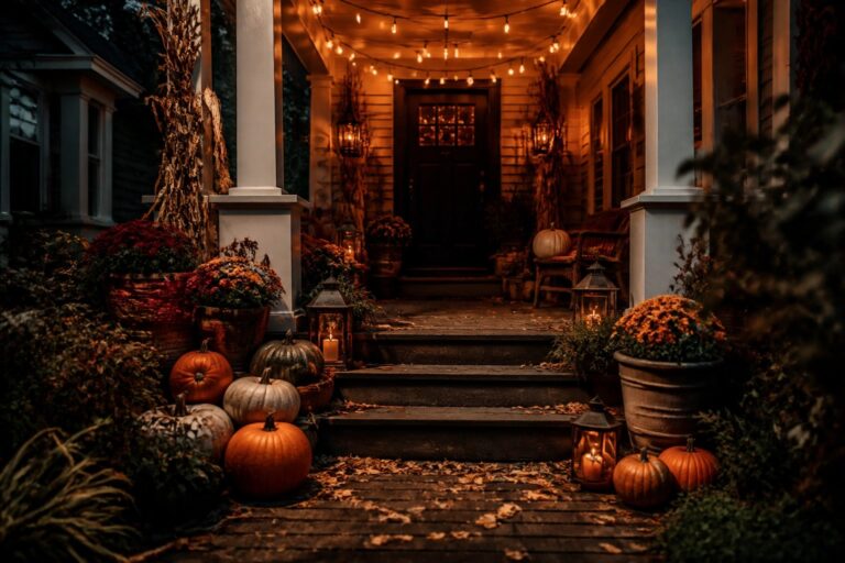 Wooden front porch steps lined with orange and white pumpkins, glowing lanterns, string lights, and potted plants at dusk.