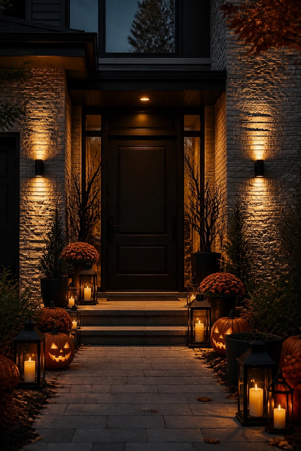Front entrance with carved jack o lanterns and black lanterns placed on the steps and walkway leading to a dark door.