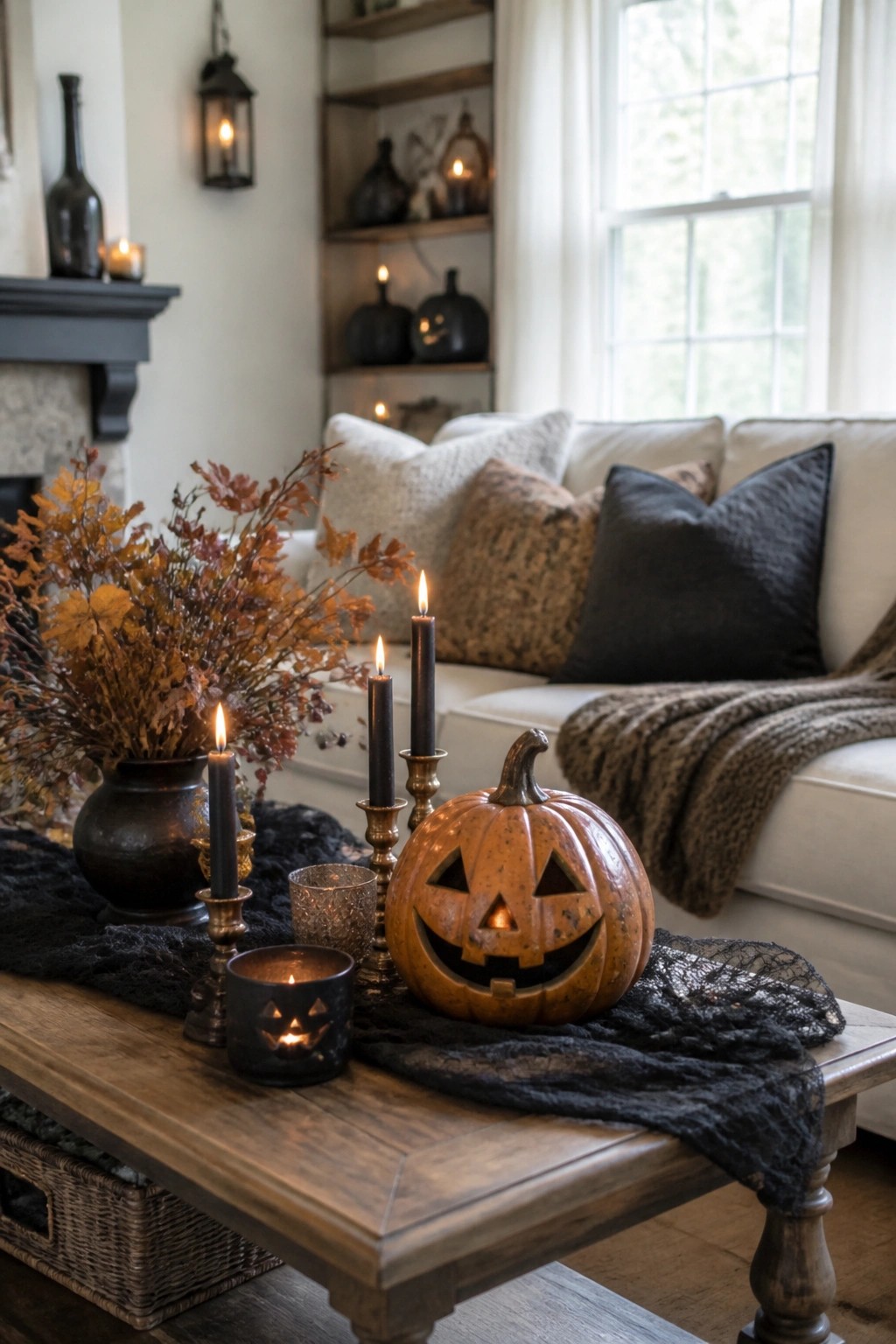 Lit jack-o'-lantern with black candles and autumn foliage on rustic coffee table