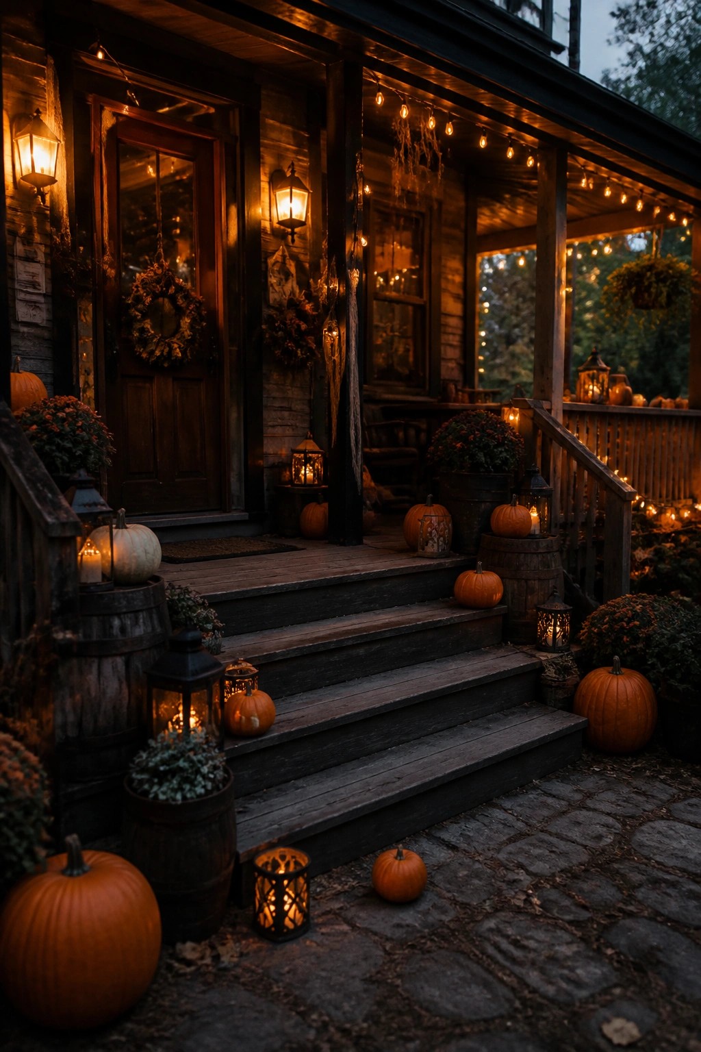 Wooden front porch steps lined with orange and white pumpkins, glowing lanterns, string lights, and potted plants at dusk.