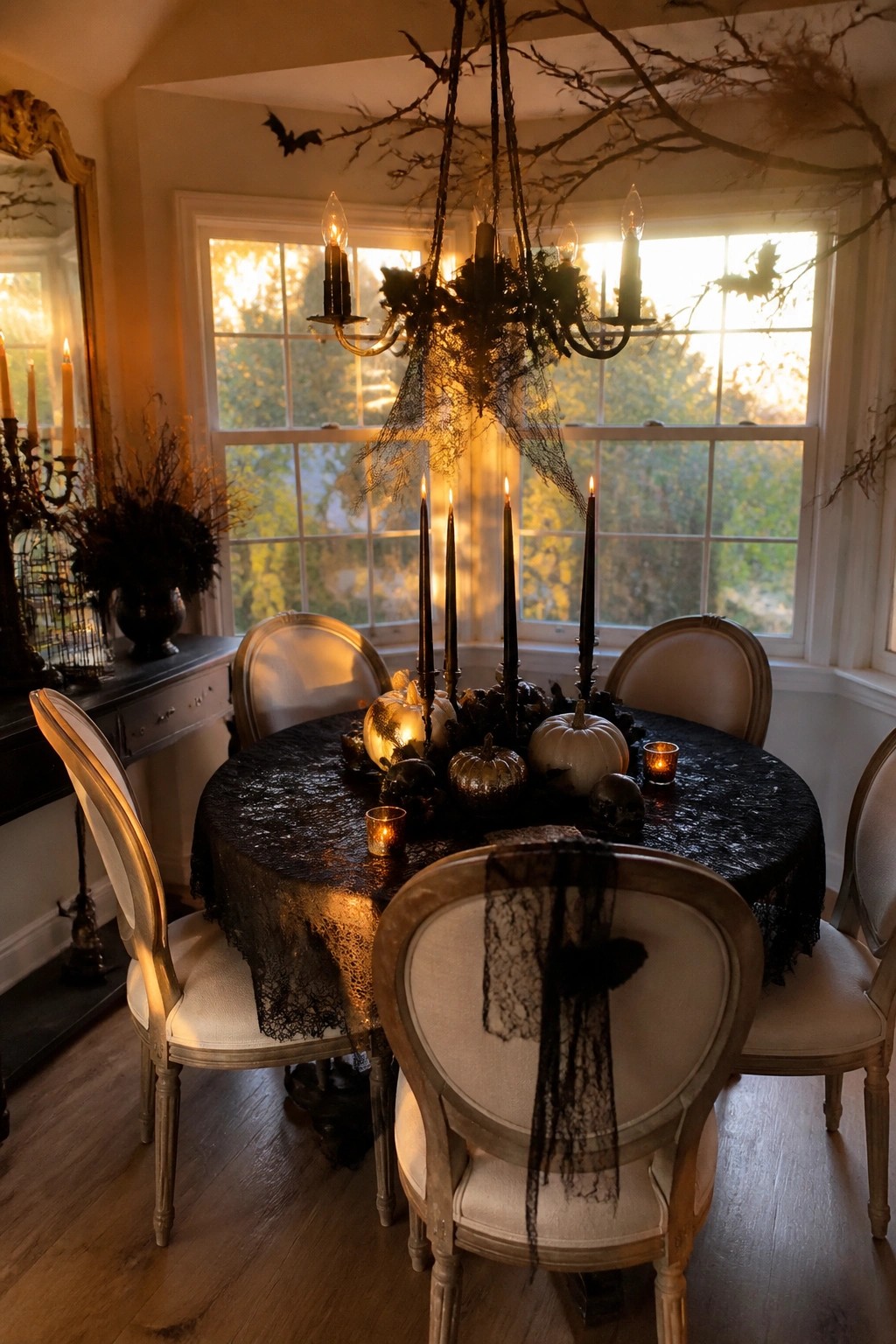 Dining room table set for Halloween with black lace cloth, black taper candles, white and gold pumpkins, skulls, and a chandelier decorated with dark branches, bats, and spiderweb.