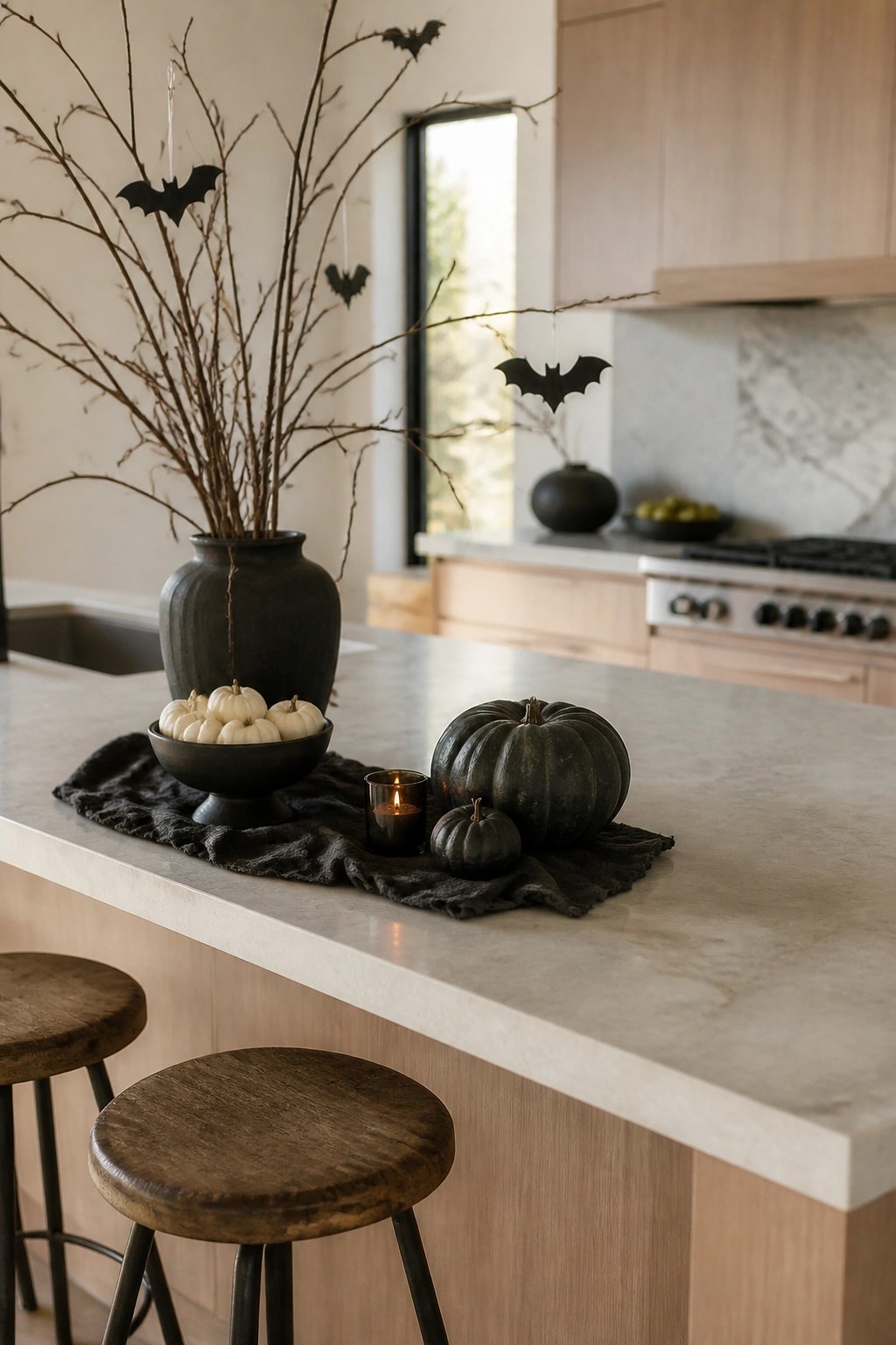 Kitchen island with a dark vase holding bare branches and hanging paper bats, grouped with black and white pumpkins on a black cloth.