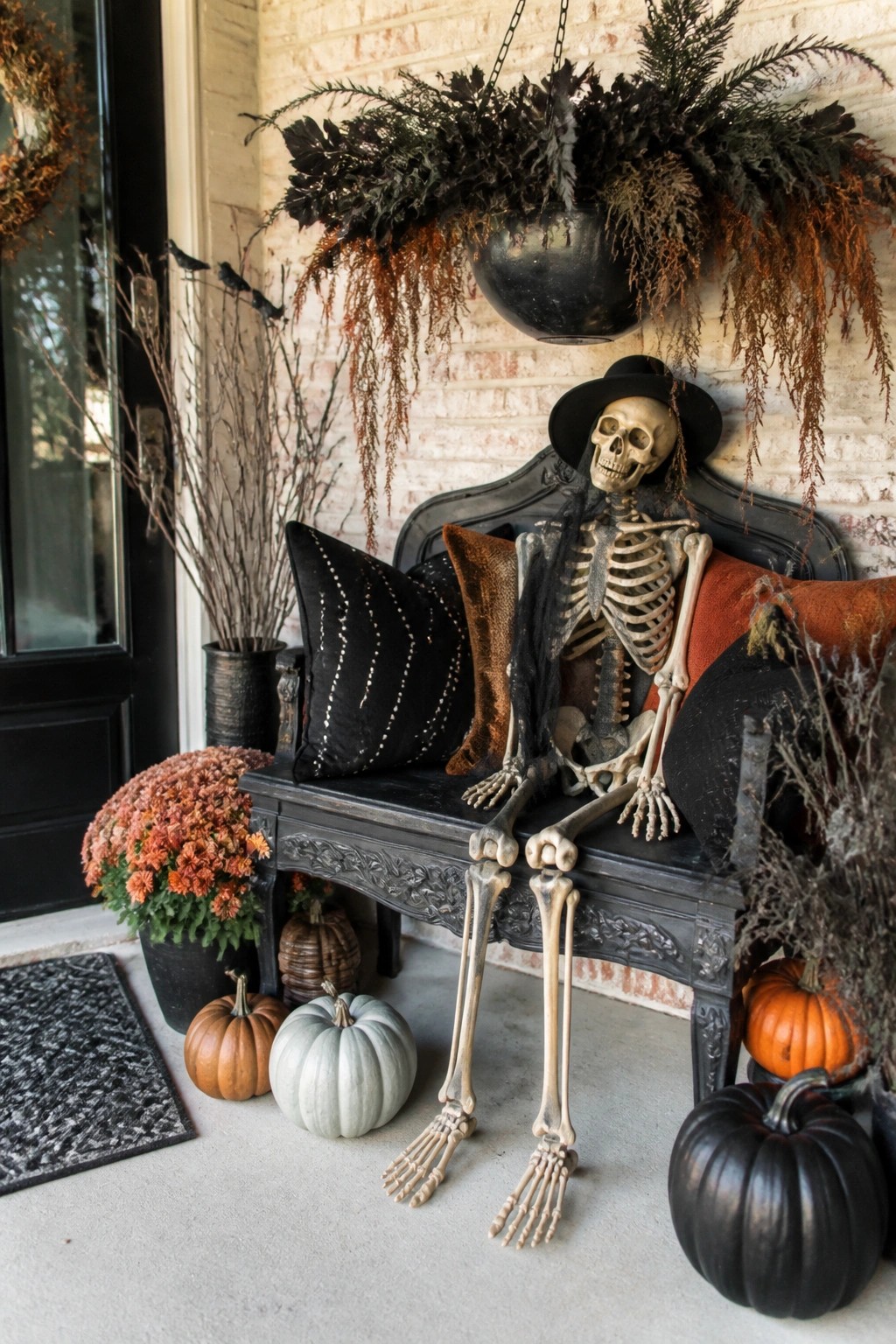 Skeleton in a black hat seated on a dark bench on a front porch with pumpkins and autumn plants around it.