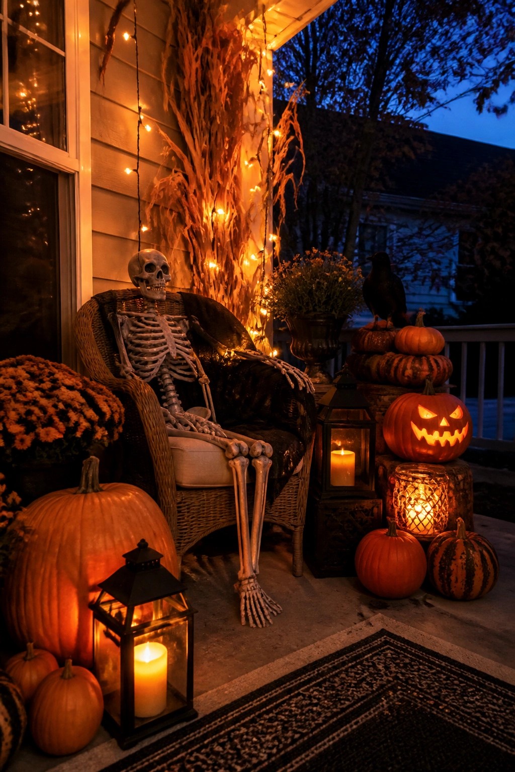 Front porch with a skeleton seated in a wicker chair, surrounded by carved jack-o'-lanterns and lanterns.