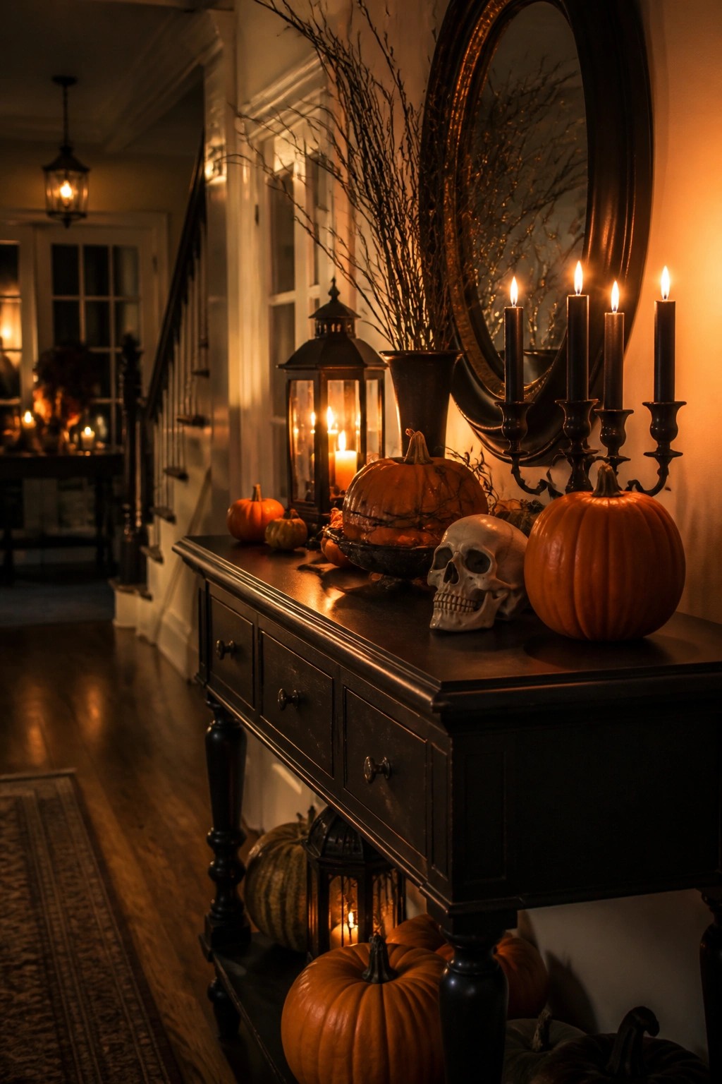 Dark wooden console table in an entryway decorated with pumpkins, a skull, black candles, and lanterns for Halloween.