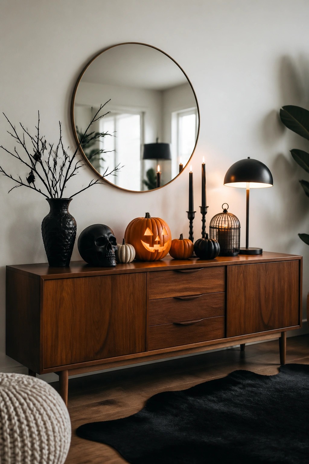 Wooden console table decorated with glowing jack o lanterns, a black skull, black candles, and small pumpkins under a round mirror.