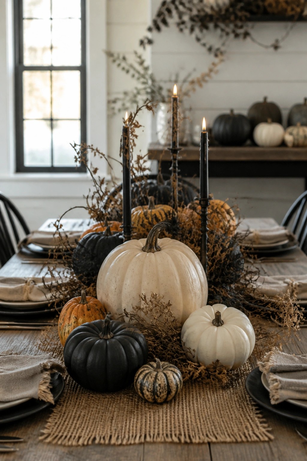 A wooden dining table with a Halloween centerpiece of black taper candles, dark twisted branches, and assorted white, black, and orange pumpkins arranged on a burlap runner.