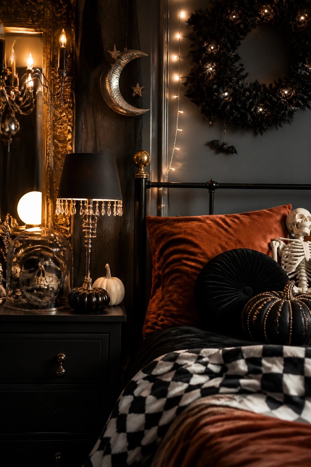 Gothic bedroom with skull cloche, skeleton on bed, orange pillows, and checkered blanket.