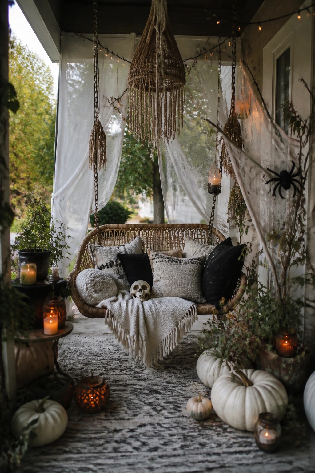Front porch with a hanging wicker swing holding a skull, black pillows, and a white blanket, plus spiderwebs and a large black spider on the right side.