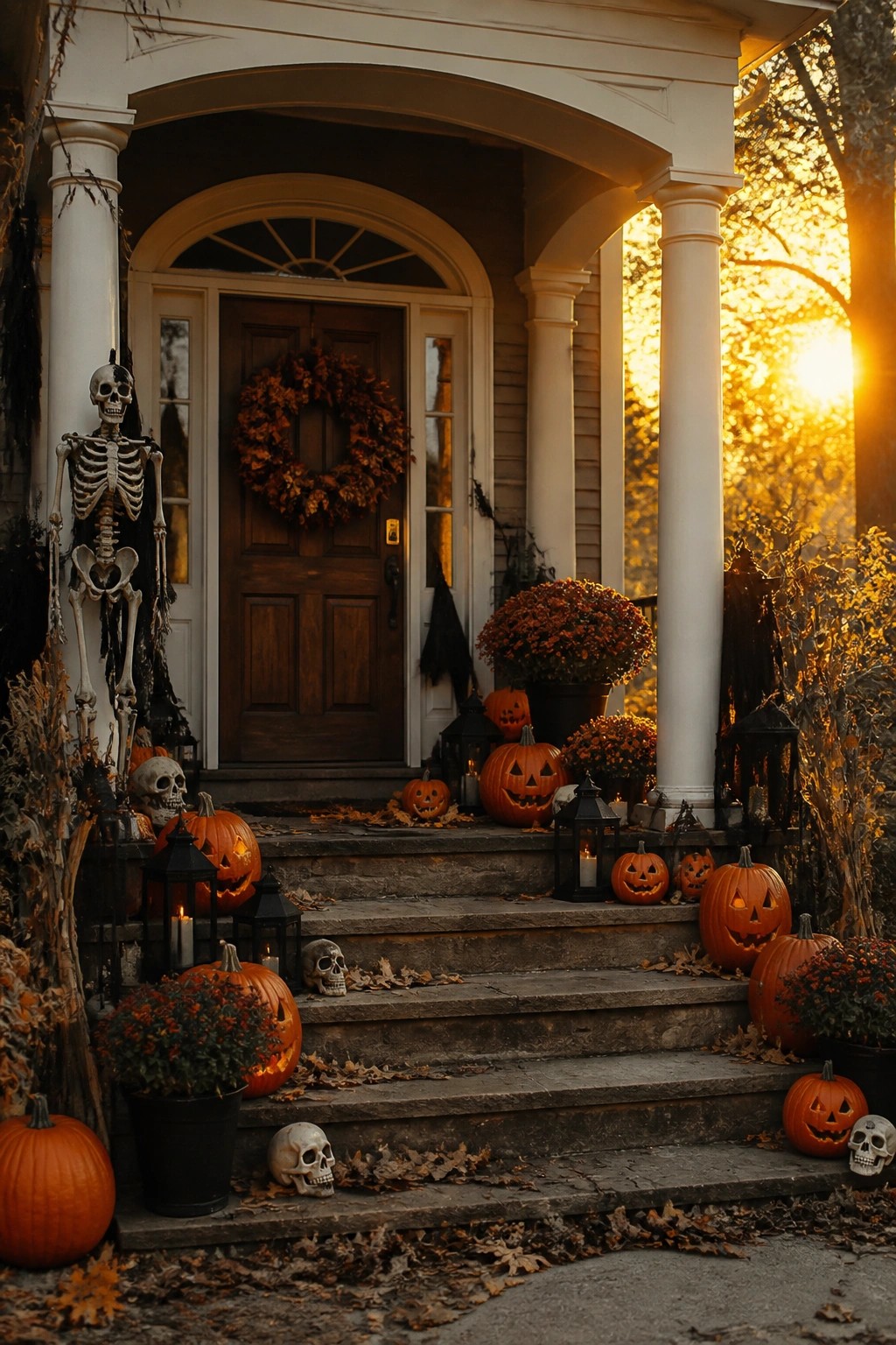 Front porch with a tall skeleton standing beside the door and many carved jack o lanterns arranged on the steps and ground.