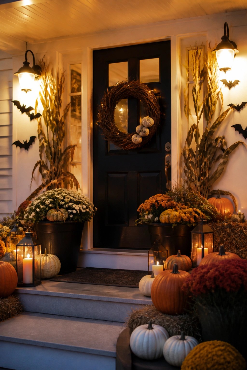 Front porch with black bat decorations on the walls, a wreath on the dark door, pumpkins, mums, and lanterns on the steps.