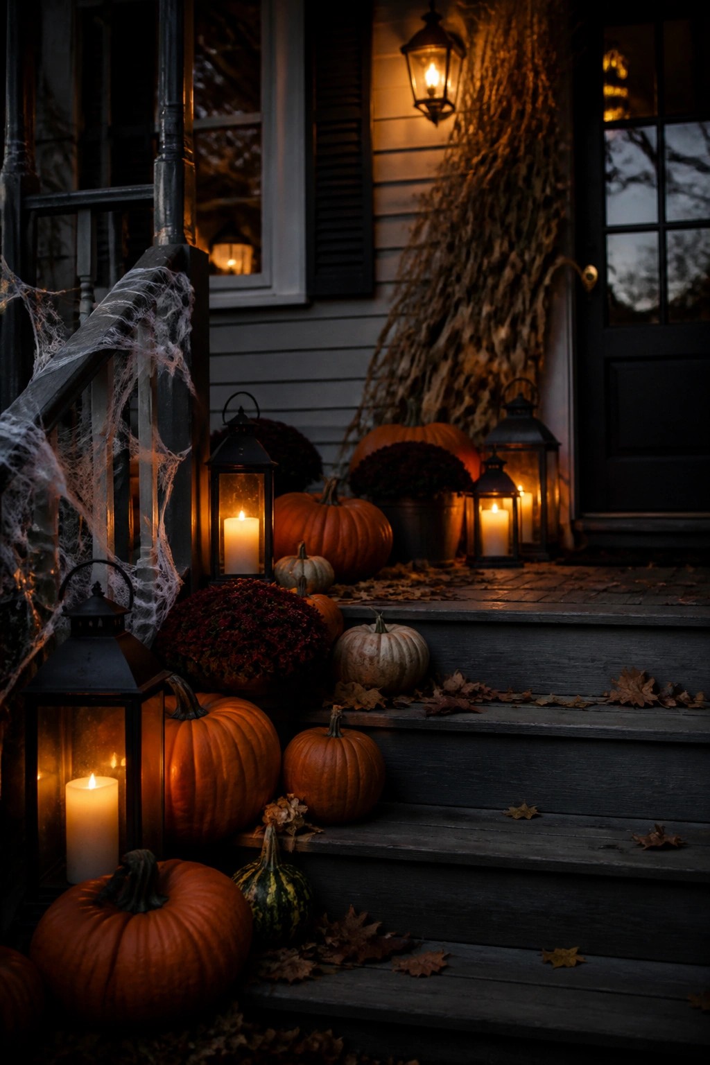 Dark wooden porch steps lined with glowing black lanterns and orange pumpkins, accented by spiderwebs on the railing.