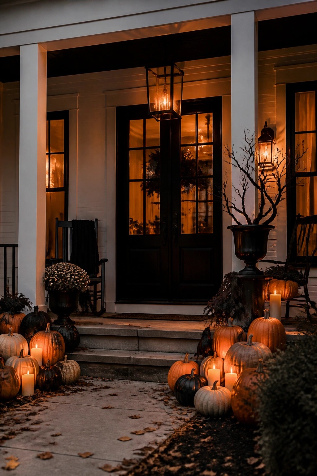 Front porch steps lined with pumpkins of various sizes and colors, some with lit candles inside, along with lanterns and a black door.