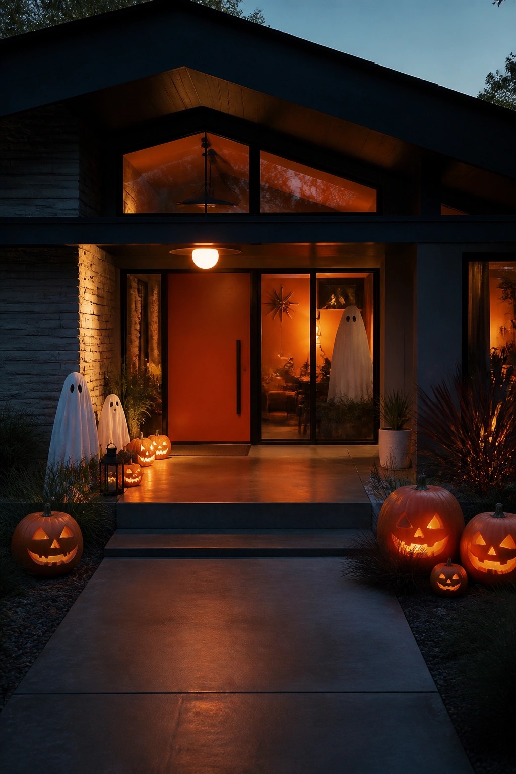 Front porch decorated with white sheet ghosts beside an orange door, lined with glowing jack-o'-lanterns on the steps and ground.