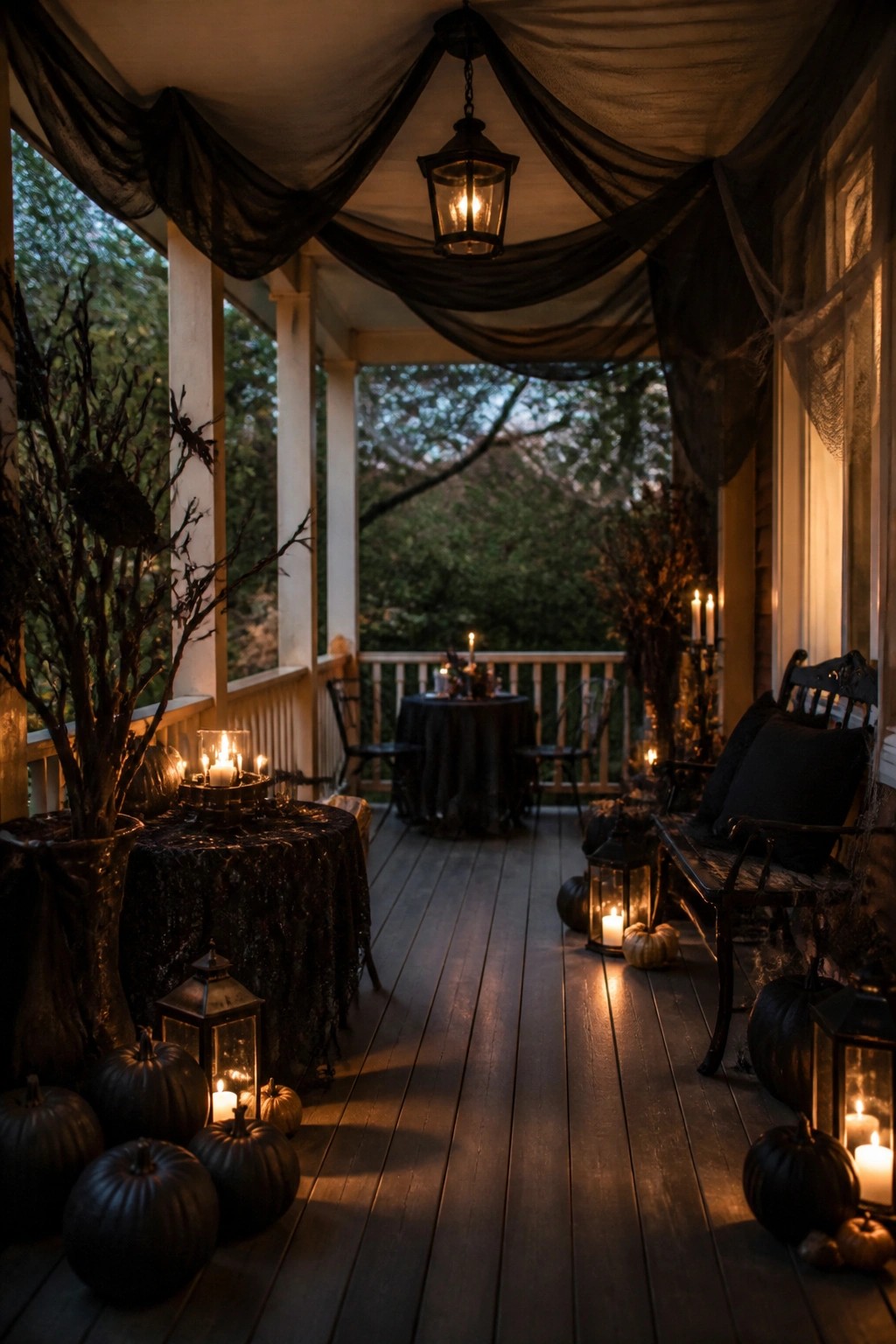Front porch with black fabric draped from the ceiling, hanging lanterns, black pumpkins, and candlelit tables arranged for Halloween.