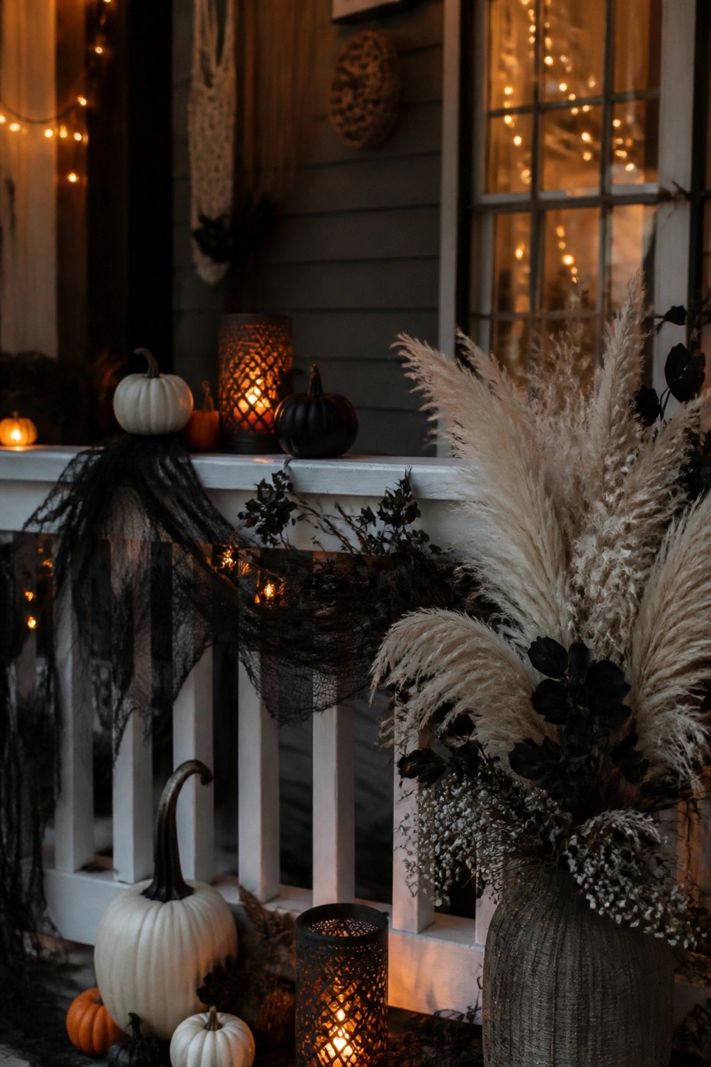 Front porch with black fabric draped along the white railing, white and black pumpkins, glowing lanterns, and pampas grass in a vase.