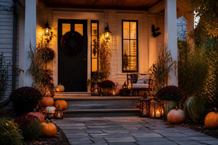 Front porch steps lined with pumpkins of various sizes and colors, some with lit candles inside, along with lanterns and a black door.