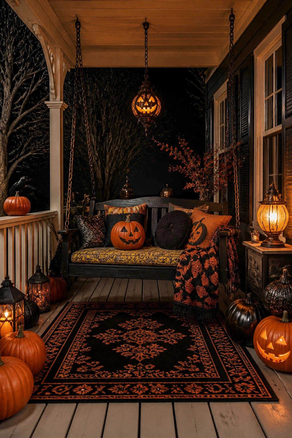 Front porch at night with a wooden swing holding carved jack o lanterns, orange and black pillows, a patterned blanket, and a glowing pumpkin lantern hanging above.