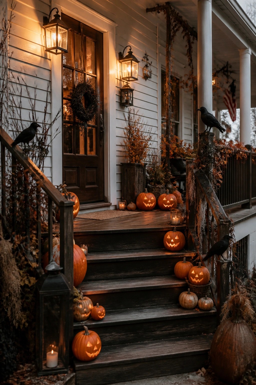 Front porch with many carved jack-o'-lanterns arranged on dark wooden steps leading to a white house entrance.