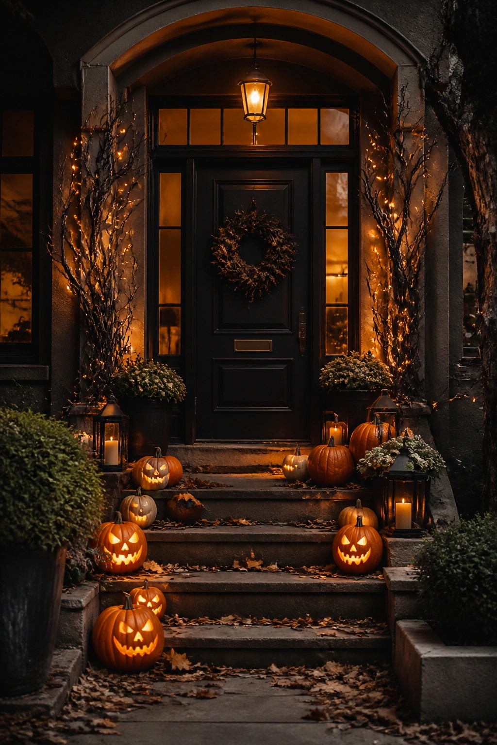 Glowing jack-o'-lanterns and lanterns line leaf-strewn steps to a wreath-adorned black door.