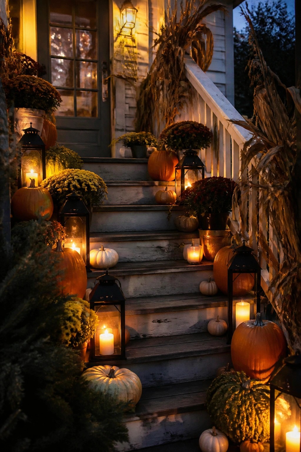A front porch staircase lined with orange, white, and green pumpkins, black lanterns holding lit candles, and potted chrysanthemums.