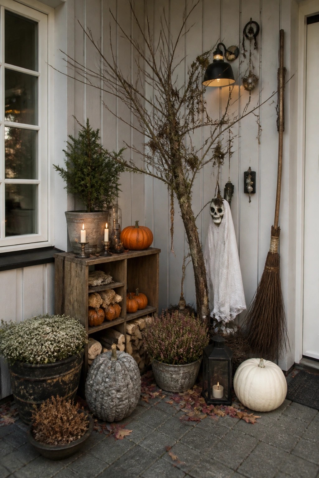Front porch decorated with a white fabric ghost hanging from bare branches, pumpkins, lanterns, and a broom beside the door.