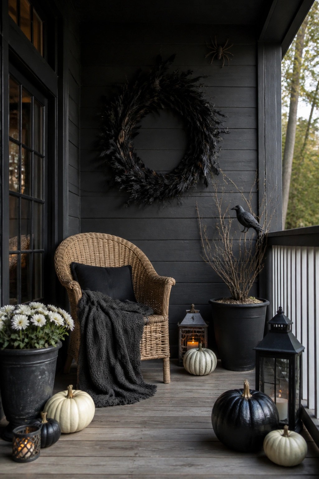 Dark front porch with a large black wreath on the wall, a spider accent above it, black and white pumpkins, lanterns, and a wicker chair.