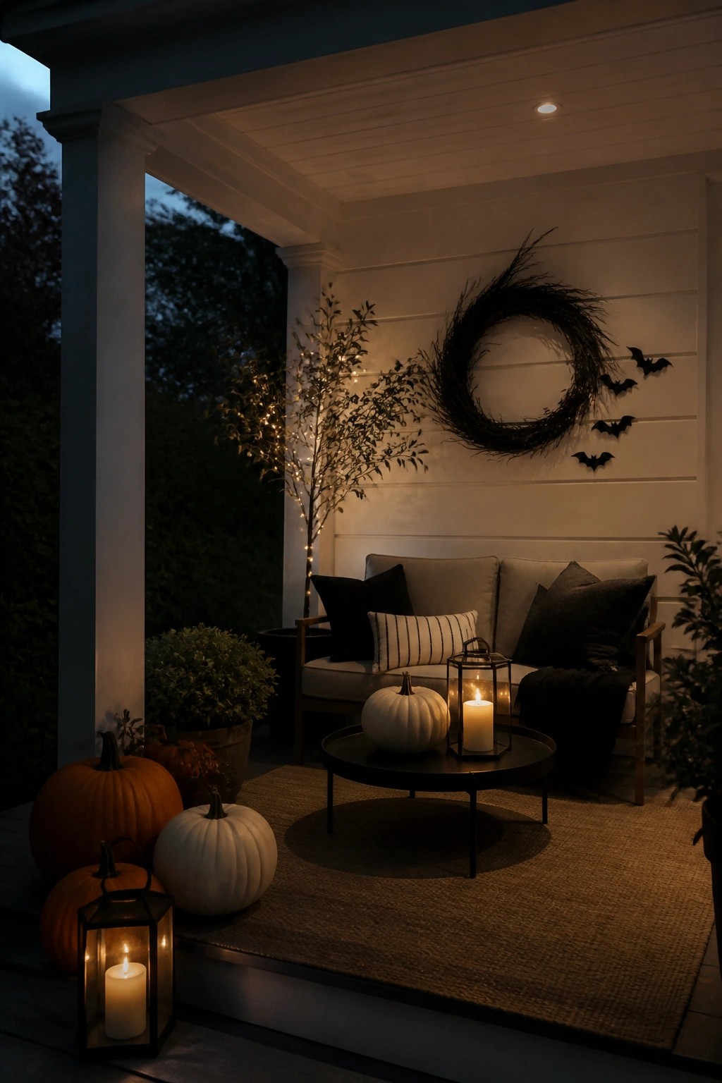 Front porch with a large black wreath and several black bat cutouts on the wall above a sofa and coffee table decorated with white pumpkins and lanterns.
