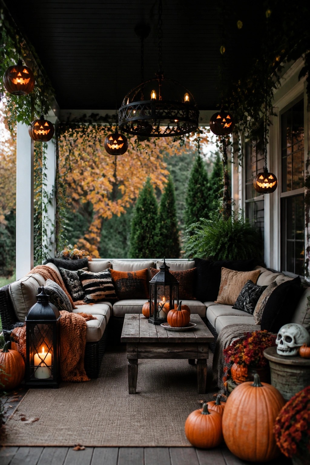 Covered front porch with multiple glowing jack-o'-lanterns hanging from the ceiling above a sectional sofa and wooden coffee table.