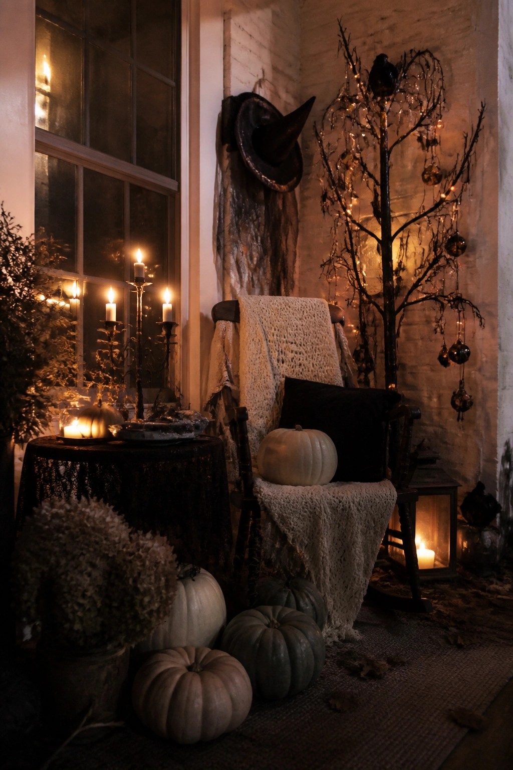 Front porch corner showing a large black witch hat mounted on the wall above a wooden rocking chair with a white pumpkin and black pillow.