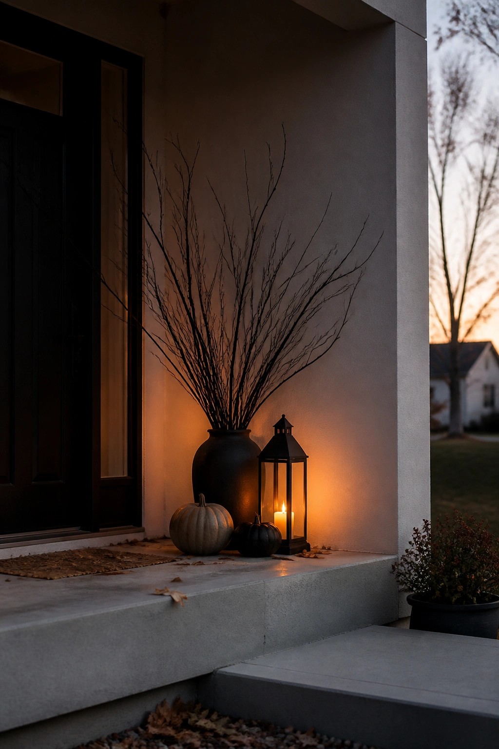 Front porch steps with a lit black lantern, a dark vase holding bare branches, and two small pumpkins next to a black door.
