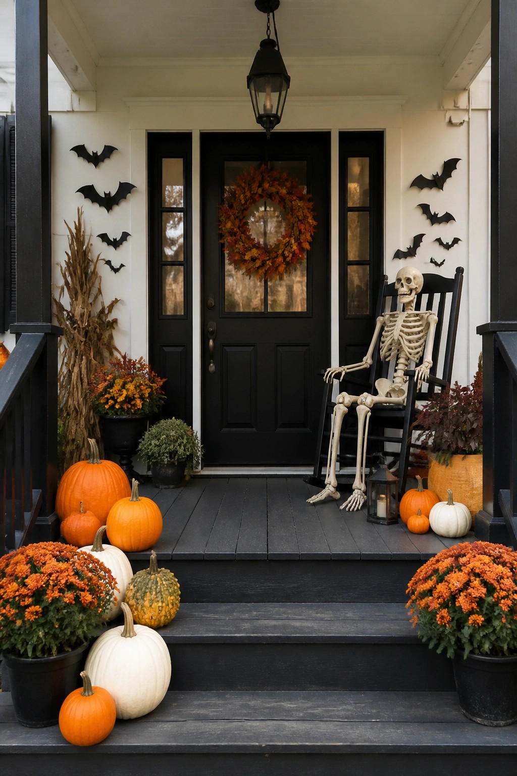 Front porch with a skeleton seated in a black rocking chair next to a dark door, bats on the siding, and pumpkins on the steps.