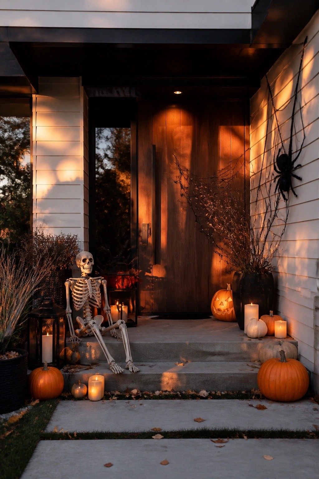 Front porch steps with a skeleton seated among pumpkins, candles, and a large spider decoration on the siding.