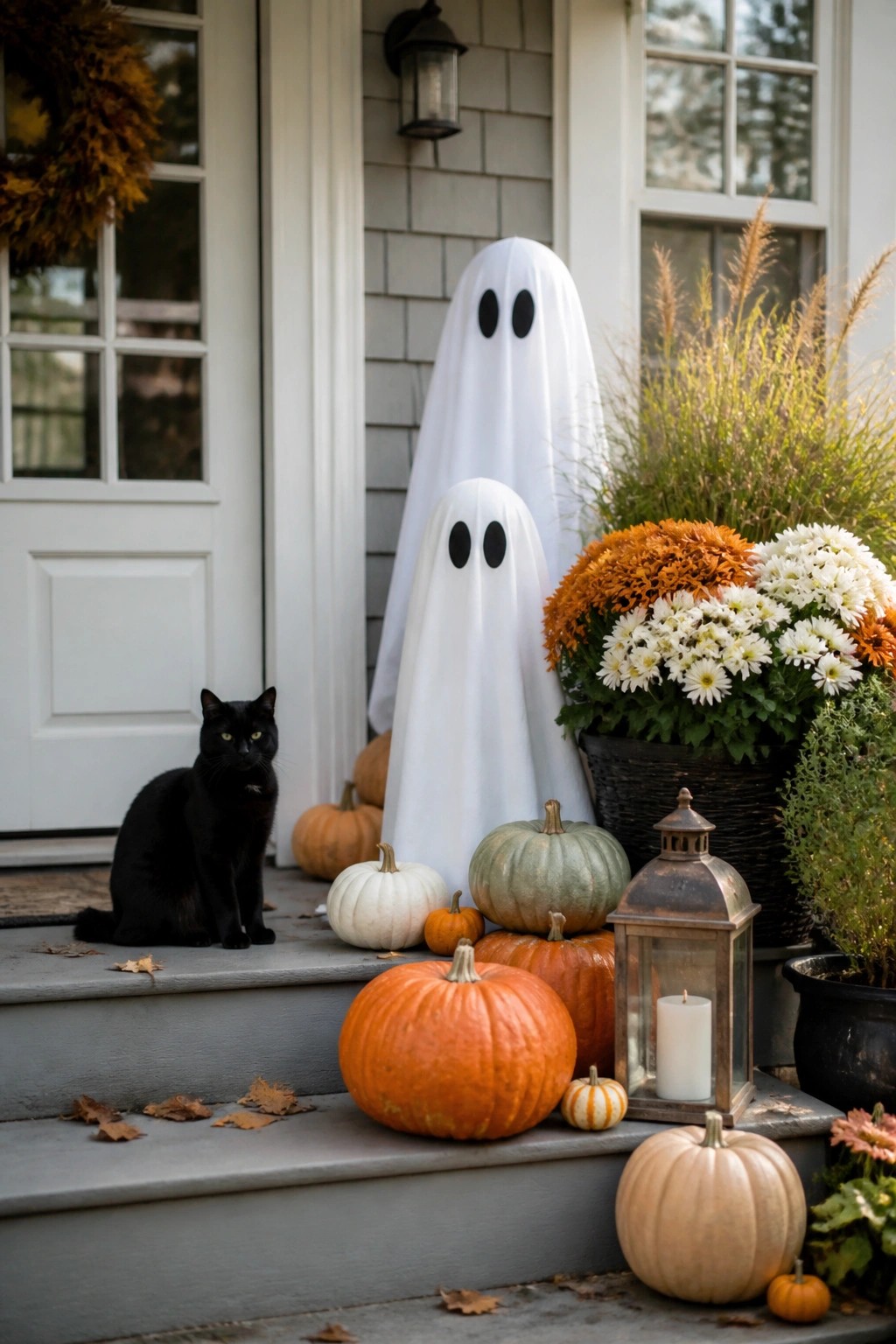 Front porch steps with two tall white sheet ghosts, pumpkins in different sizes and colors, and a black cat sitting nearby.