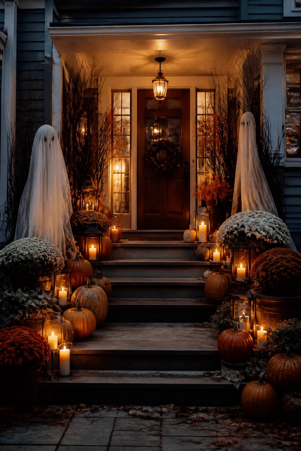 Front porch with two large white sheet ghosts standing on either side of the steps, surrounded by pumpkins and lanterns.