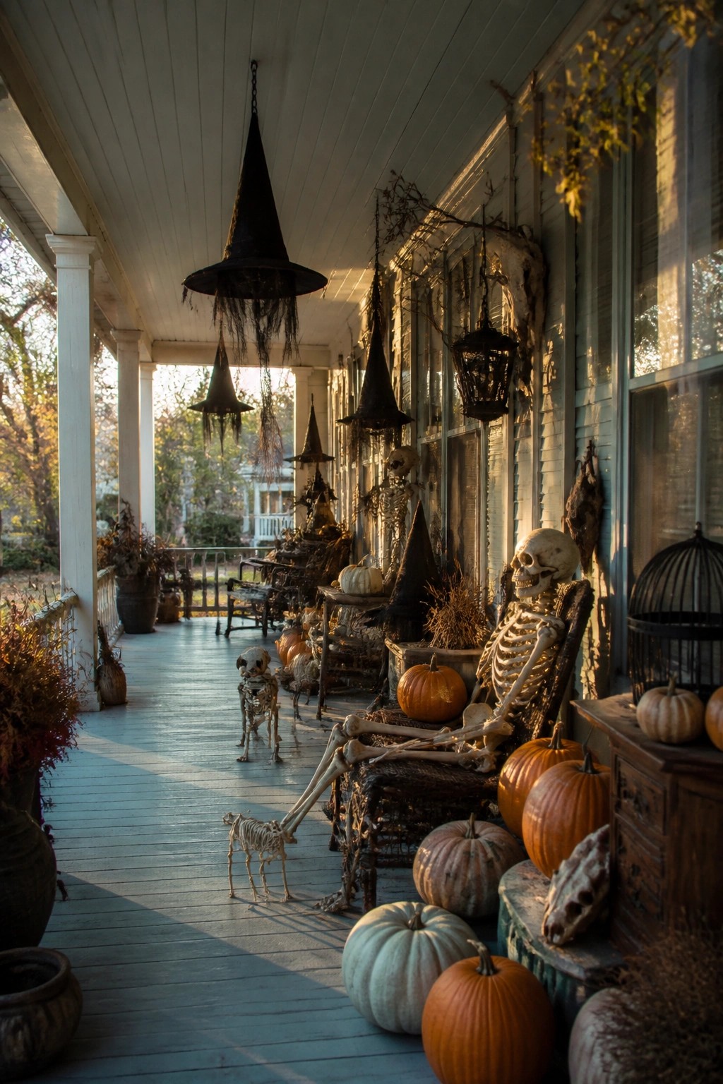 Front porch with multiple skeletons posed in chairs and on the floor, hanging witch hats, pumpkins, and a black birdcage.