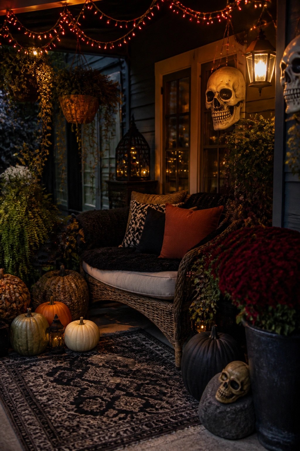 Front porch decorated with large skulls mounted on the wall and smaller skulls placed on the ground among pumpkins and potted plants.