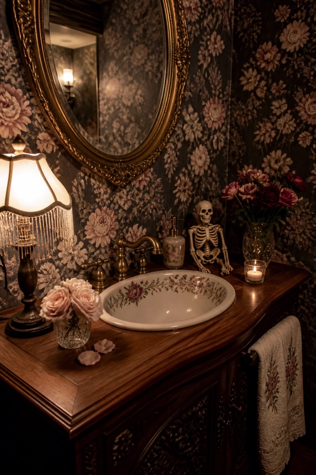 Bathroom vanity with a small skeleton figure sitting on the wooden counter next to a floral sink, brass faucet, and lit candle.