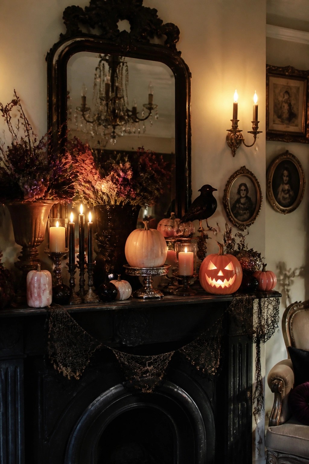 Black fireplace mantel styled with a glowing carved jack o lantern, white pumpkin on a stand, black candles, and a black bird figurine beneath an ornate dark mirror.