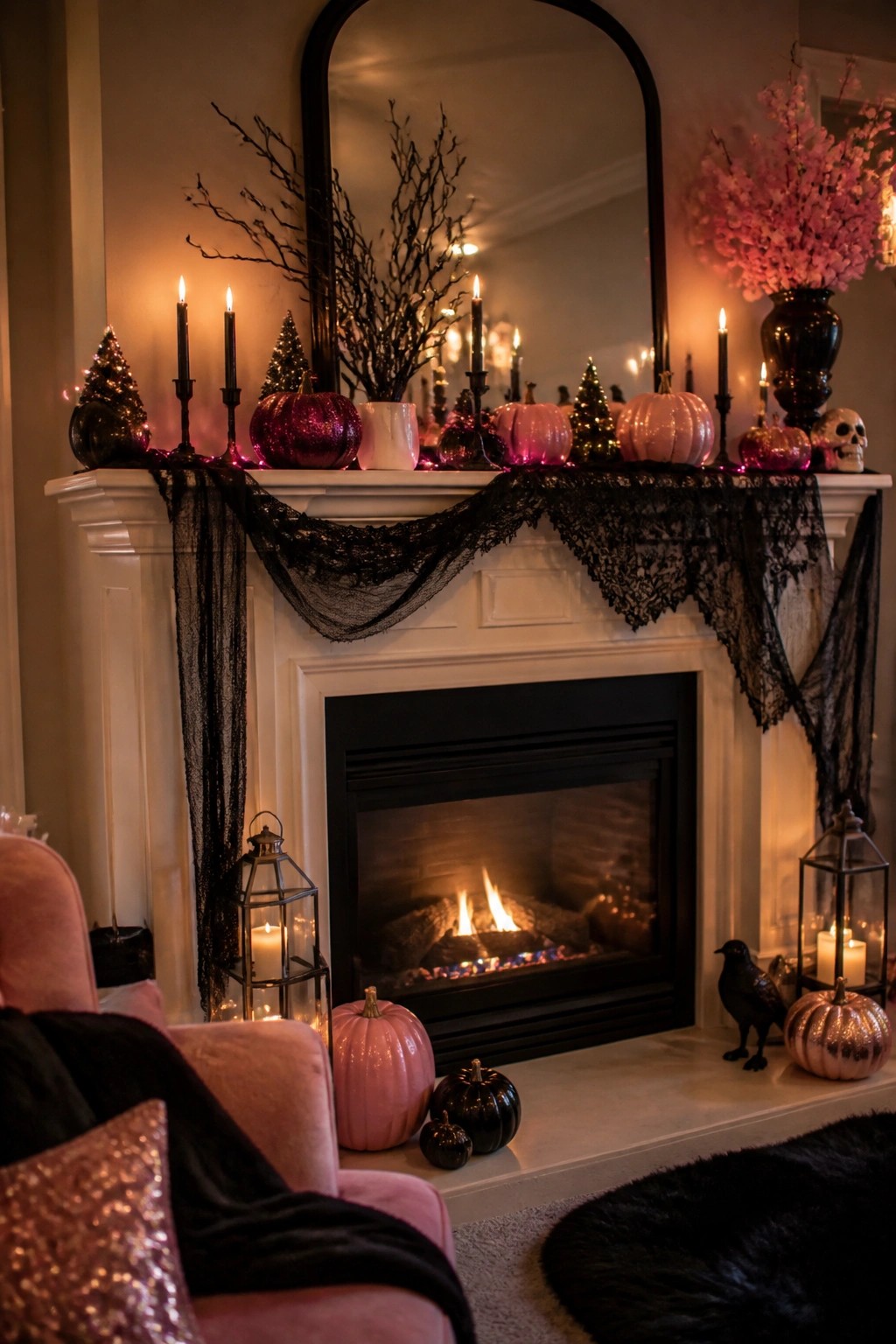 White fireplace mantel styled with pink glitter pumpkins, black lace garland, black candles, skulls, and dark branches for Halloween.