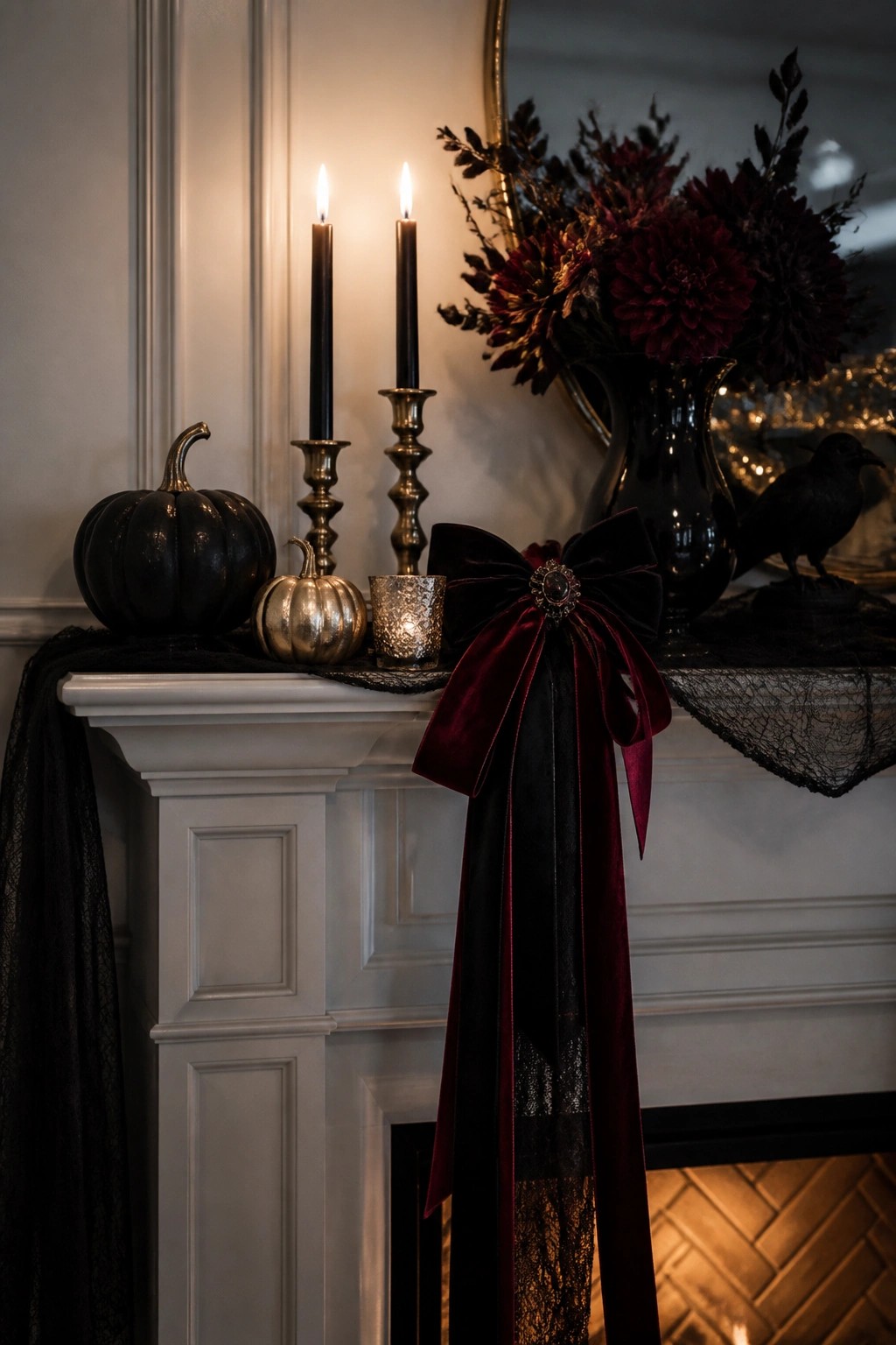 White fireplace mantel decorated for Halloween with black and metallic pumpkins, black taper candles in brass holders, a large black and burgundy velvet bow with brooch, dark flowers in a black vase, and a black bird figurine.