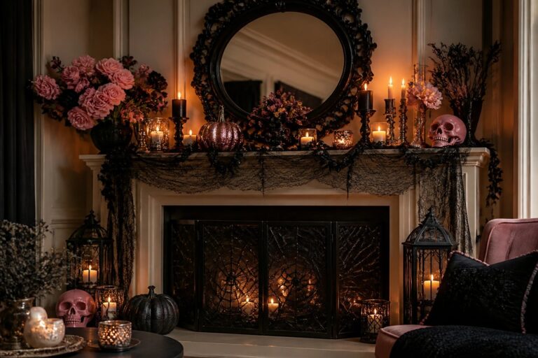 24 Girly Halloween Decor Ideas That Mix Glam and Ghoulish White fireplace mantel styled with pink glitter pumpkins, black lace garland, black candles, skulls, and dark branches for Halloween.