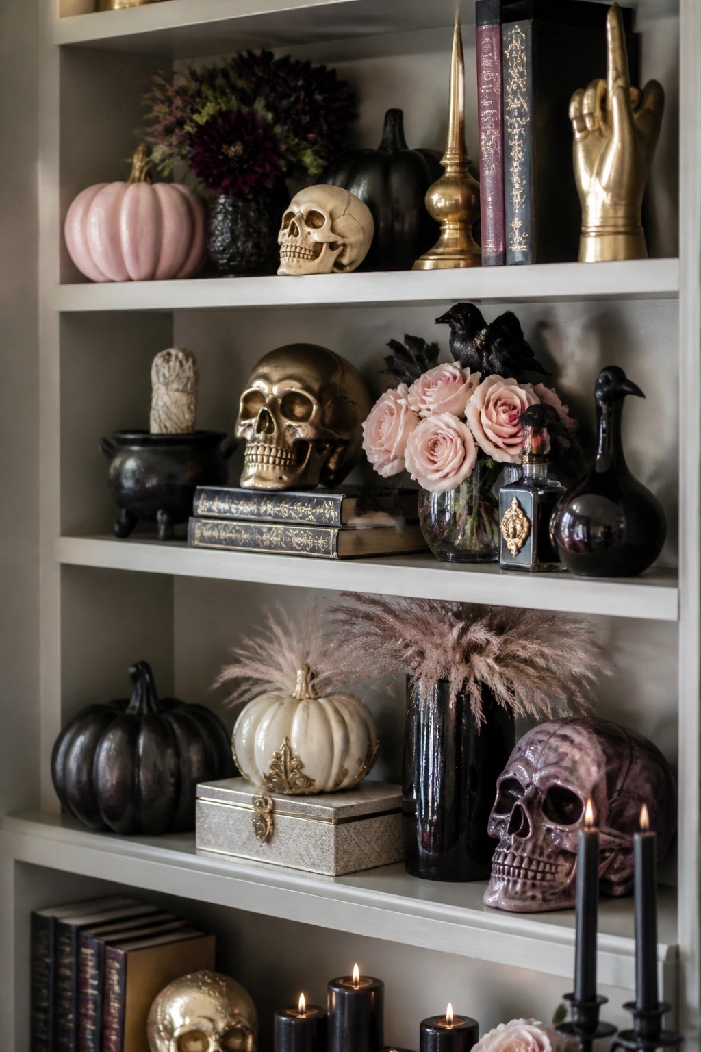 Gothic white shelves with skulls, pumpkins, roses, books, and black candles.