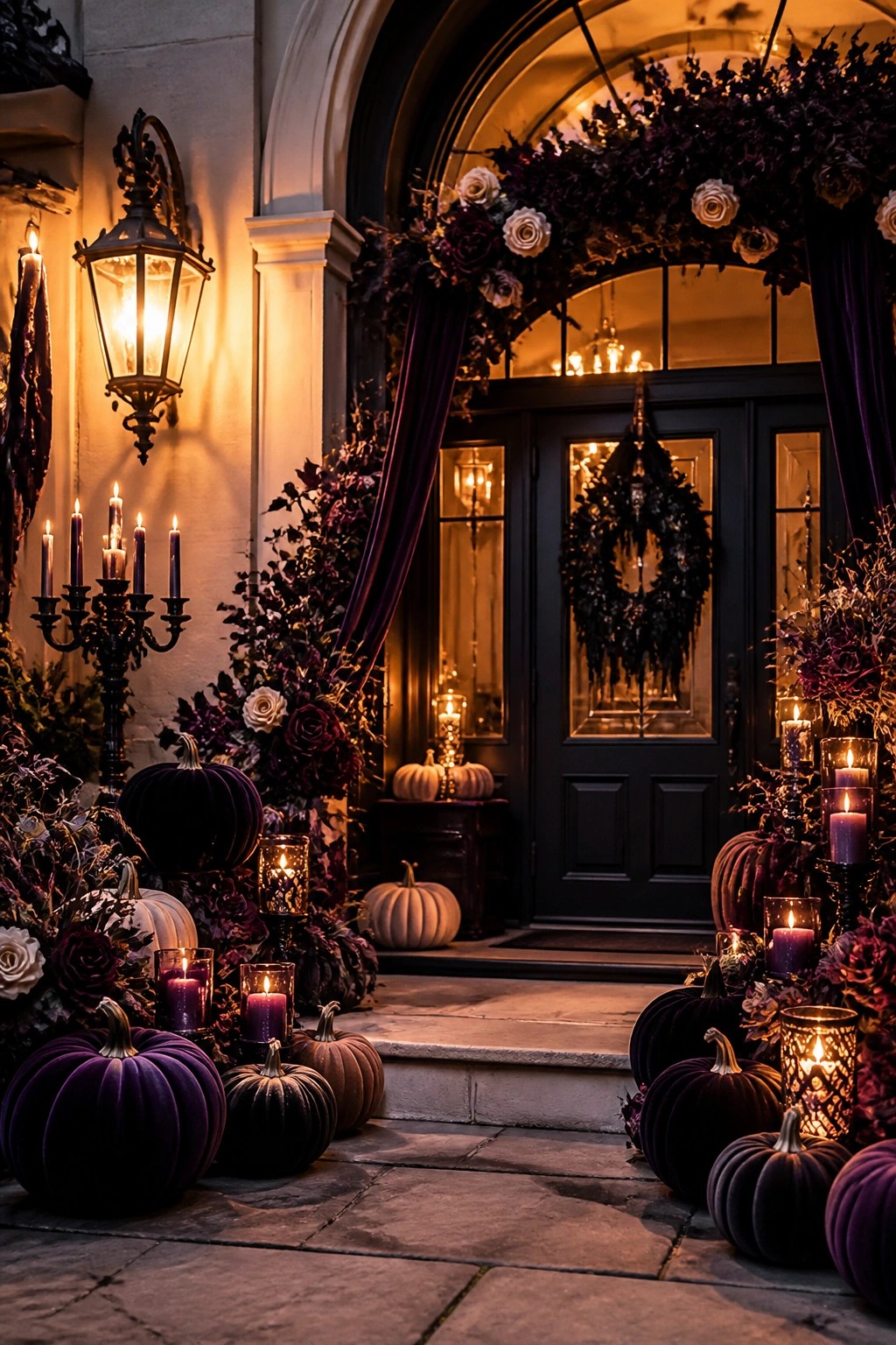 Front entry with a black double door displaying a large dark floral wreath, flanked by purple velvet pumpkins and clusters of lit candles.