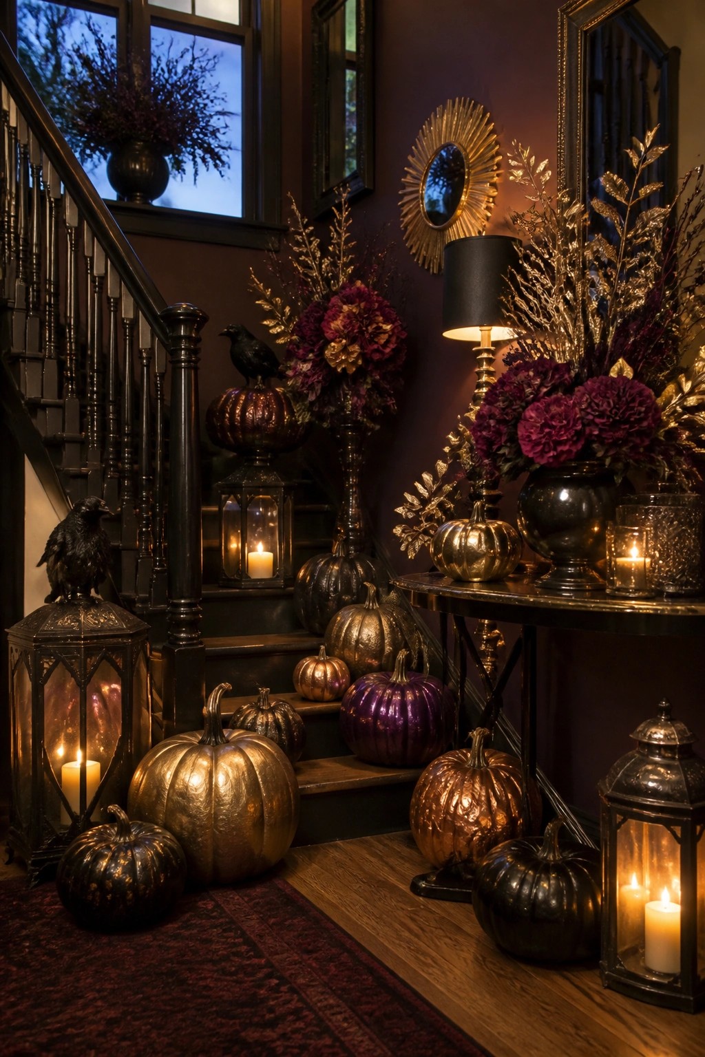 Staircase decorated with metallic gold, copper, and purple pumpkins, black crows perched on railings and pumpkins, and glowing lanterns.