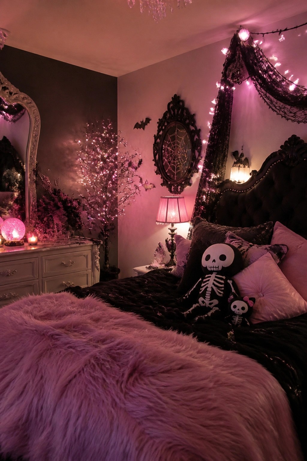Bedroom with black ornate bed, large skeleton plush and small skeleton plush with bow on dark bedding, bat wall decorations, and pink string lights.