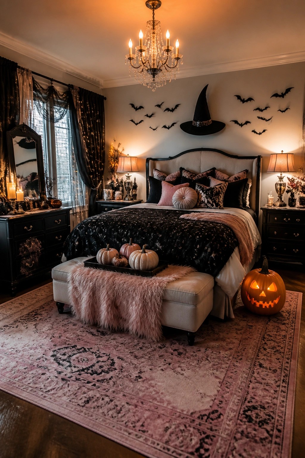 Bedroom wall above the bed decorated with black paper bats and a large witch hat, plus small pumpkins on a tray and one lit jack-o'-lantern on the floor.