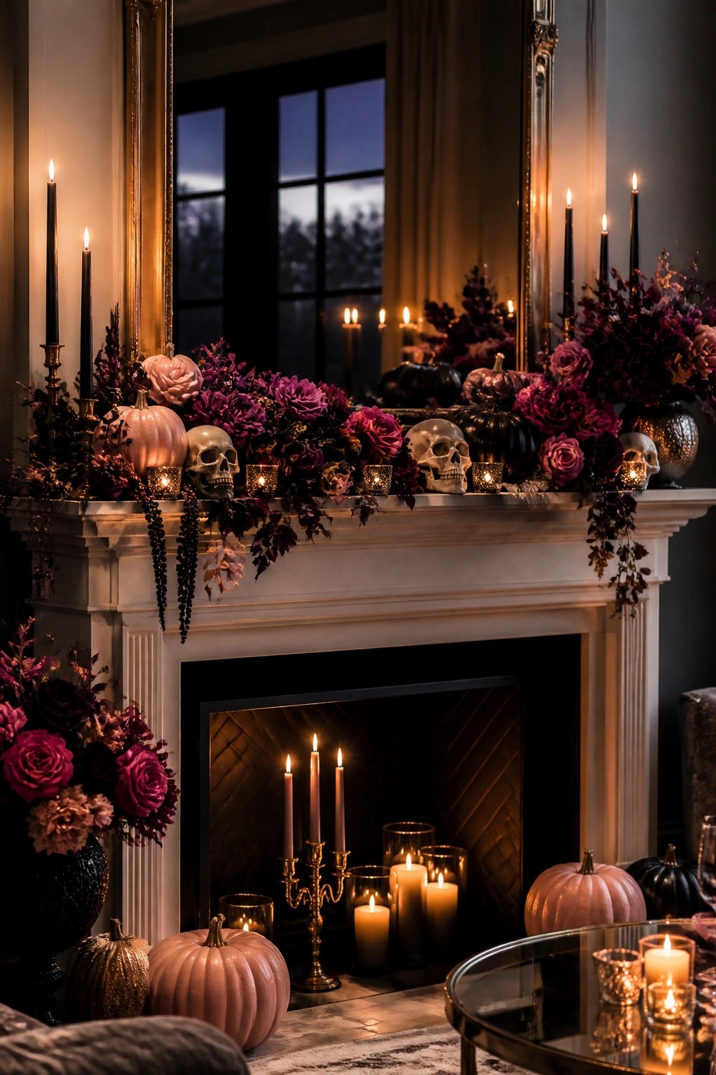 White fireplace mantel decorated with skulls, pink and black pumpkins, dark purple flowers, and black candles.