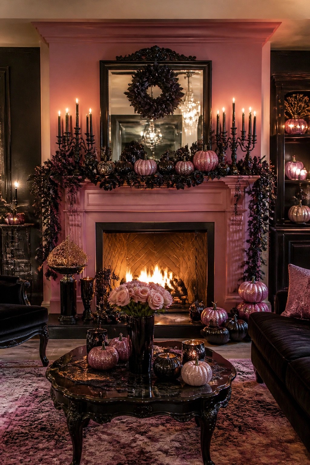 Pink fireplace mantel styled with glitter pink and black pumpkins, black candelabras, and dark garland for Halloween.