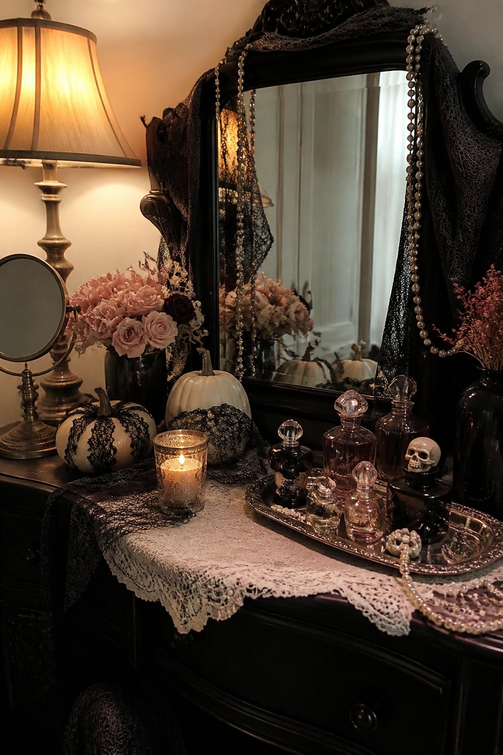 A dark wooden vanity with an ornate mirror displays a silver tray holding perfume bottles and a small skull, surrounded by white pumpkins, black lace, a lit candle, and pearl necklaces.